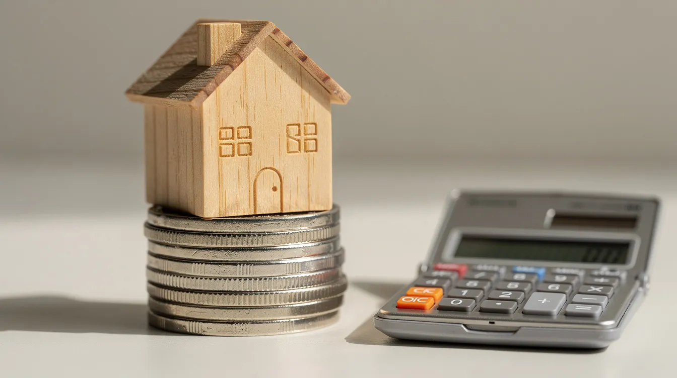 Ein Miniaturhaus aus Holz steht auf einem Stapel Münzen, während ein kleiner Taschenrechner daneben liegt. Diese Darstellung symbolisiert die Verbindung zwischen Geldanlage und den aktuellen Zinsen, die beim Tagesgeld oder Festgeld angeboten werden.