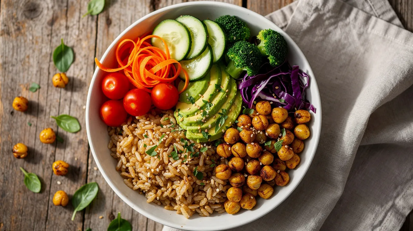Eine bunte Schüssel mit frischem Gemüse, Vollkornreis und Kichererbsen steht auf einem Holztisch, die eine gesunde Mischung aus Nährstoffen und Vitaminen bietet. Diese farbenfrohe Speise ist ein Beispiel für eine ausgewogene Ernährung, die den Körper mit Energie versorgt.