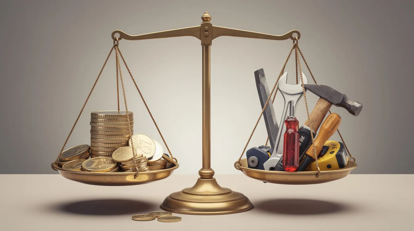 Die Abbildung zeigt eine Waage, auf der einerseits Geldmünzen und andererseits Arbeitswerkzeuge platziert sind, was die Balance zwischen Kosten und Nutzen symbolisiert. Diese Darstellung verdeutlicht die Thematik der Mindestlohnerhöhung und deren Auswirkungen auf Beschäftigte und Arbeitgeber in Deutschland.