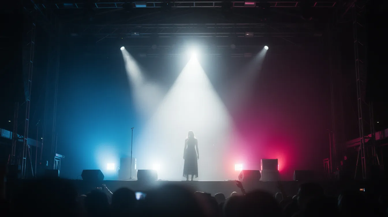 Das Bild zeigt eine Konzertbühne mit dramatischer Beleuchtung, auf der eine einzelne Sängerin im Spotlight steht. Die Atmosphäre ist intensiv und energiegeladen, während die Fans begeistert applaudieren und die Performerin, möglicherweise inspiriert von Selena Gomez, in ihrer Hauptrolle glänzt.