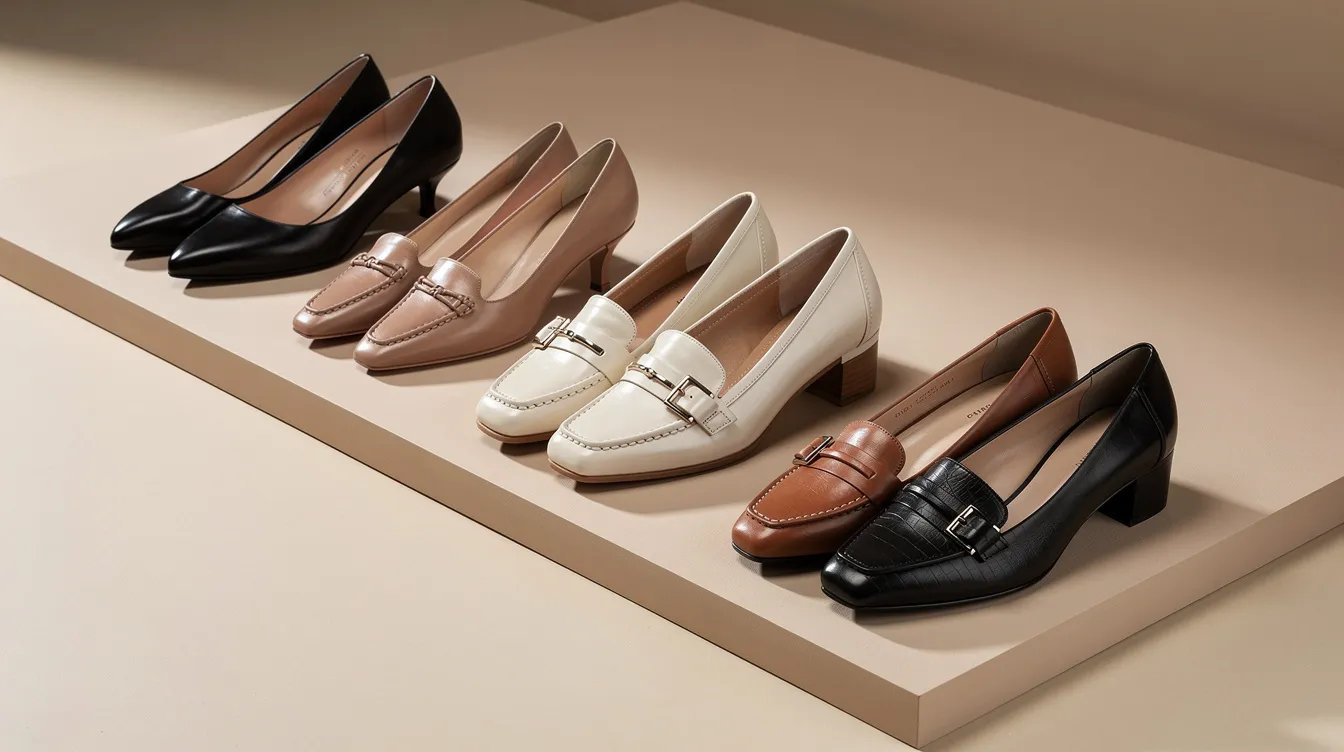 Auf der stilvollen Präsentationsfläche sind verschiedene elegante Damenschuhe aus Leder ausgestellt, die durch ihr raffiniertes Design und die hohe Qualität bestechen. Diese Schuhe repräsentieren die Mode und Eleganz der renommierten Marken wie Prada und Miu Miu.