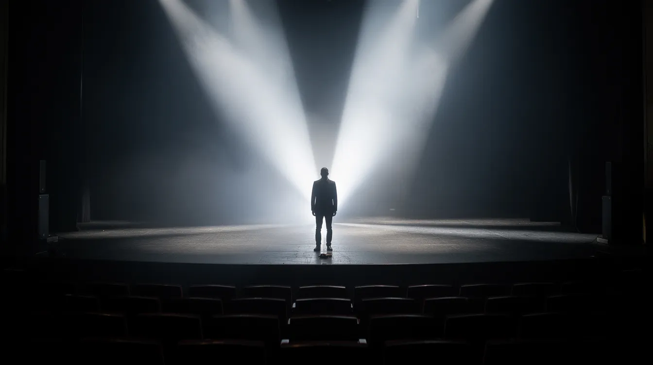 Die Silhouette eines einzelnen Menschen steht auf einer großen, leeren Bühne, umgeben von dramatischem Gegenlicht, was eine eindrucksvolle Atmosphäre schafft, die an Konzerte und bedeutende Auftritte erinnert. Diese Szene könnte auch symbolisch für einen Politiker im Westen stehen, der wichtige Nachrichten über Musik oder Rechte vermittelt.