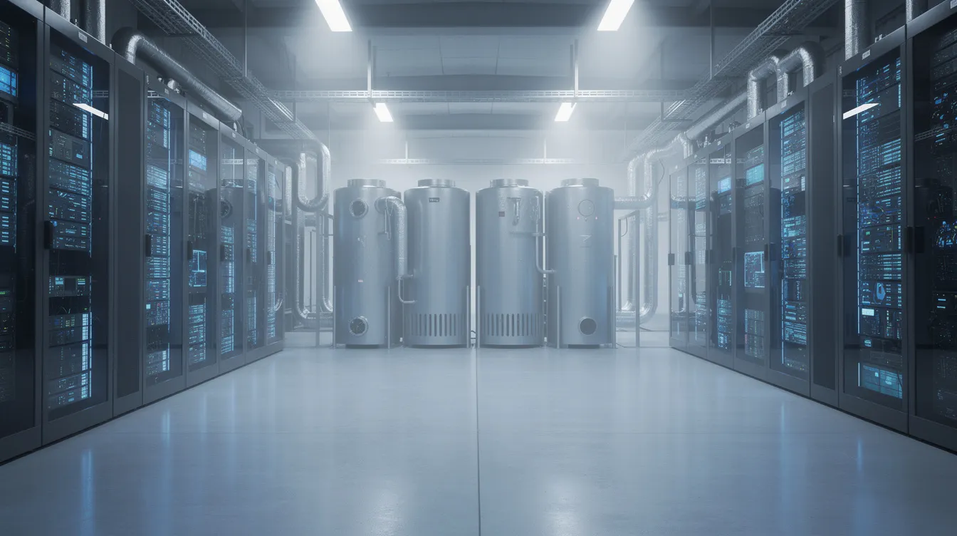 Das Bild zeigt ein großes Rechenzentrum mit mehreren zylindrischen Kühlanlagen und blau beleuchteten Serverracks in einer modernen Halle. Diese hochmodernen Infrastrukturen sind Teil der Entwicklung von Quantencomputing-Technologien, die das Potenzial haben, die Rechenleistung in Bereichen wie Quantenmechanik und Informatik erheblich zu steigern.