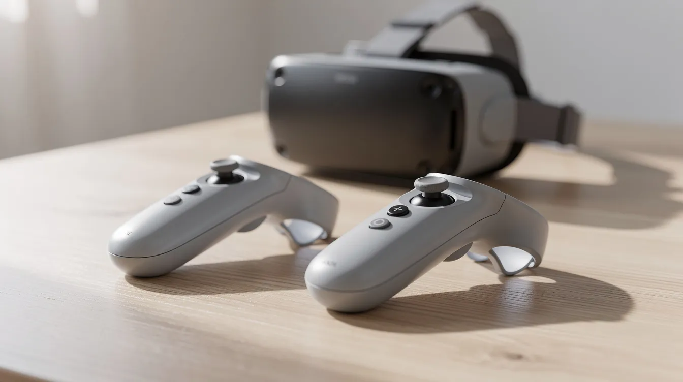 Die Nahaufnahme zeigt zwei VR-Controller und ein VR-Headset auf einem hellen Holztisch, die die Möglichkeiten der virtuellen Realität und der Gaming-Technologie repräsentieren. Die Controller sind ergonomisch gestaltet und deuten auf eine immersive Erfahrung in 3D-Umgebungen hin.
