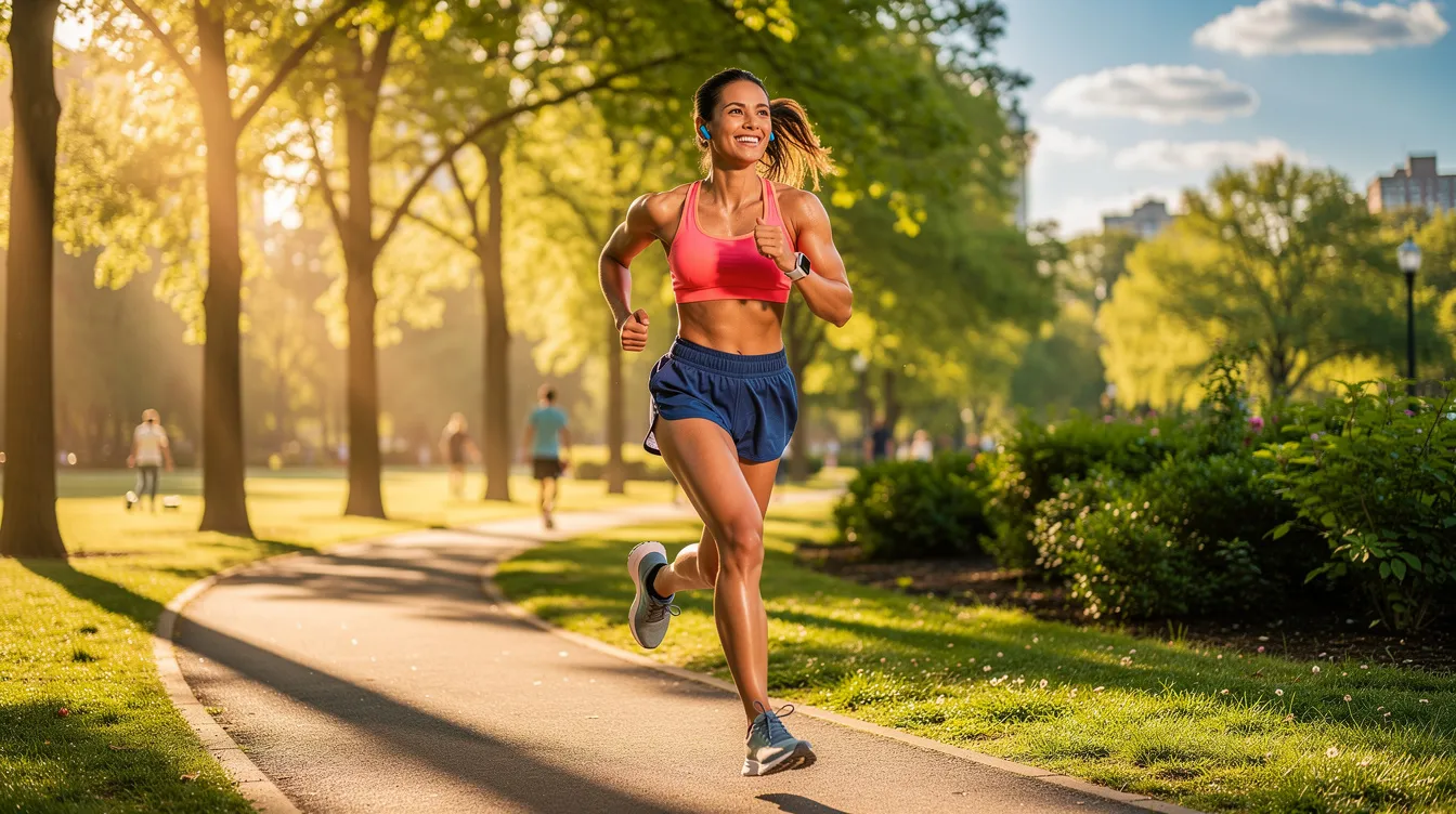 Eine Person joggt fröhlich in einem Park an einem sonnigen Morgen, ihr Gesicht strahlt Vitalität aus und zeigt, wie wichtig ein aktiver Lebensstil für die Gesundheit ist. Diese Szene verdeutlicht, wie das Aufhören mit dem Rauchen und ein gesunder Lebensstil das Risiko von Herz-Kreislauf-Erkrankungen verringern können.