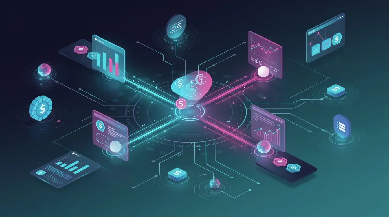 Die abstrakte digitale Darstellung zeigt ein Netzwerk von verbundenen Finanzanwendungen und Knotenpunkten, die die Architektur der Avalanche Blockchain-Plattform symbolisieren. Diese Visualisierung verdeutlicht die Interaktion von Smart Contracts und DeFi-Anwendungen innerhalb des Avalanche-Netzwerks, während sie die Skalierbarkeit und Flexibilität der Layer 1 Blockchain hervorhebt.