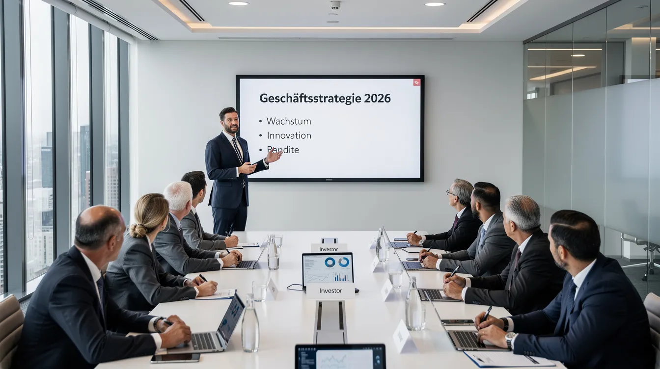 In einem modernen Konferenzsaal präsentieren Unternehmensvertreter vor einer Gruppe von Investoren die Chancen und Vorteile eines bevorstehenden Börsengangs (IPO). Die Atmosphäre ist gespannt, während wichtige Informationen über die Aktien des Unternehmens und den Ablauf des Kapitalmarkteintritts vermittelt werden.