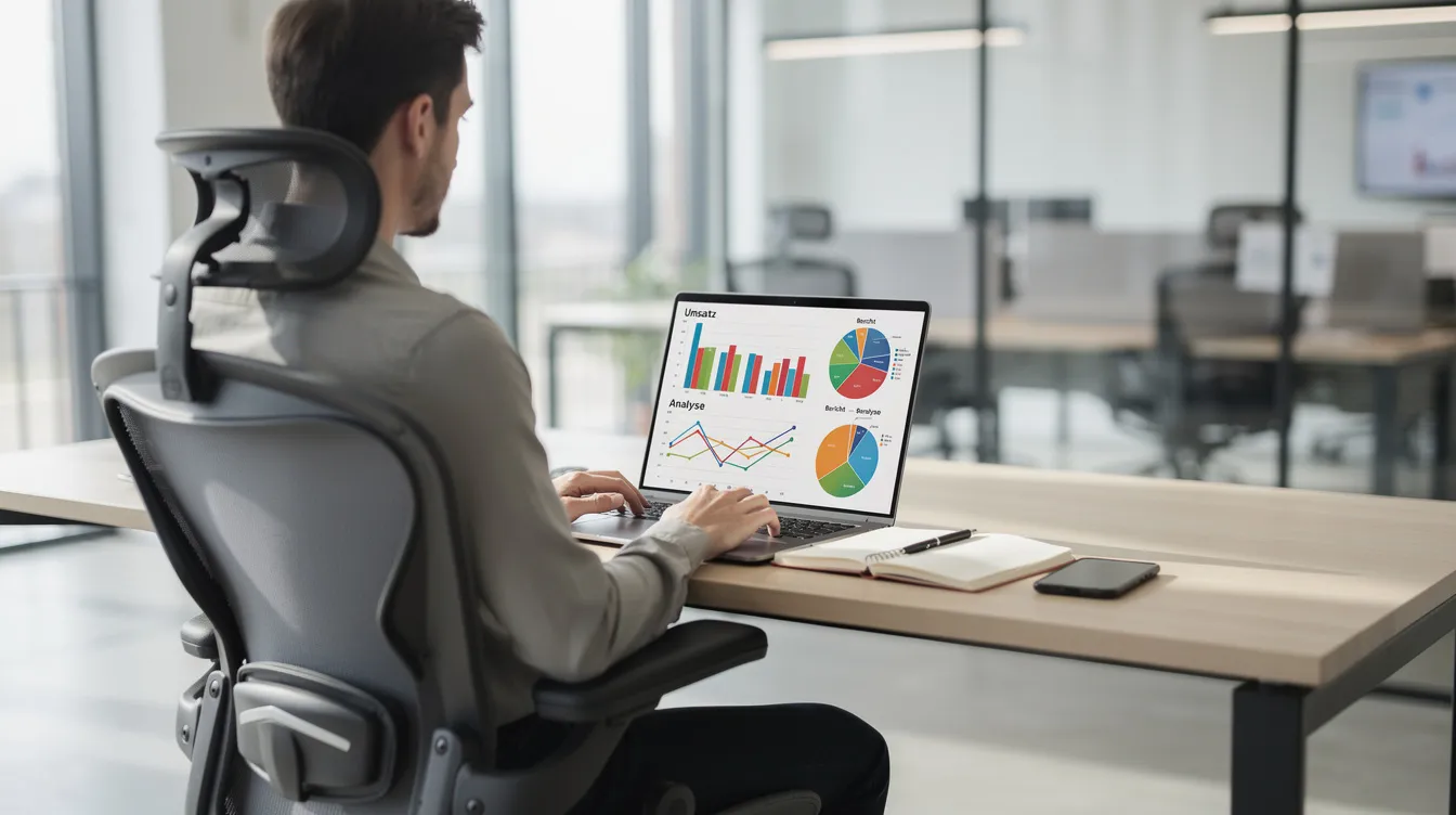 Eine Person sitzt an einem modernen Arbeitsplatz vor einem Laptop, auf dessen Bildschirm bunte Diagramme und Charts zu sehen sind, die Informationen über den Polkadot Kurs und den Marktwert von Kryptowährungen darstellen. Der Raum ist hell und freundlich gestaltet, was eine produktive Arbeitsatmosphäre schafft.