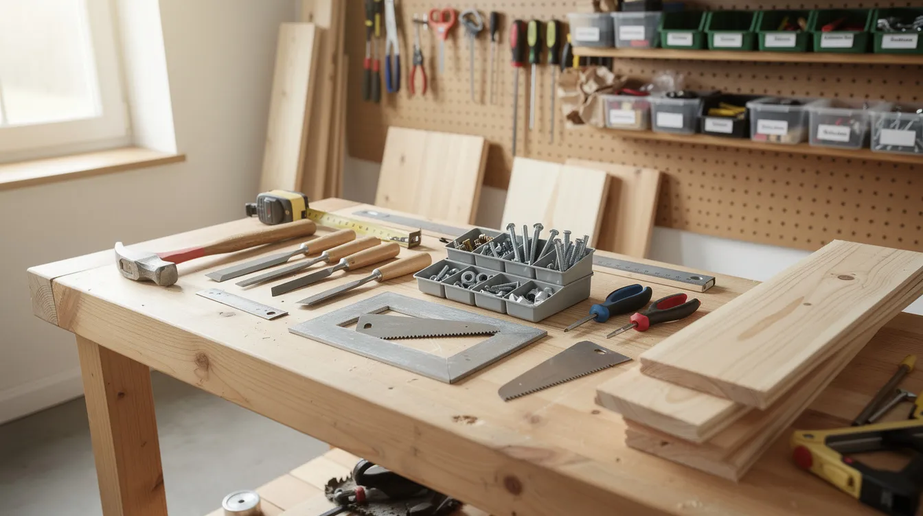 Die Bildbeschreibung zeigt eine aufgeräumte Werkbank in einer hellen Hobbywerkstatt, bestückt mit verschiedenen Handwerkzeugen, Schrauben und Holzbrettern. Diese Umgebung eignet sich ideal für Heimwerkerprojekte und DIY-Arbeiten, die sowohl Spaß als auch kreative Entspannung bieten.