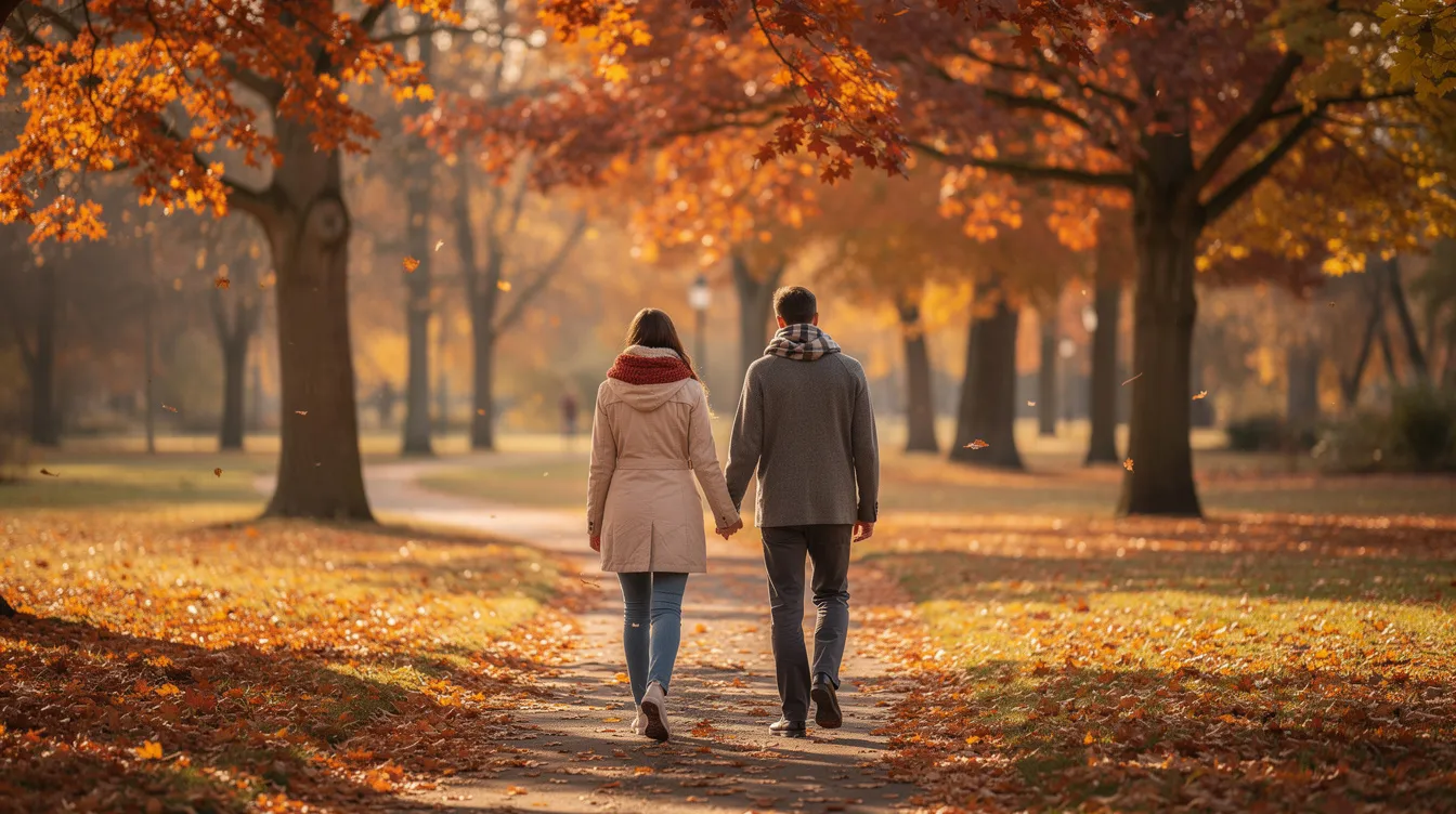 Ein Paar geht Hand in Hand durch einen herbstlichen Park, umgeben von buntem Laub, das die Atmosphäre von Liebe und Harmonie ausstrahlt. Ihre Nähe zueinander symbolisiert eine starke Bindung und das Glück, das sie in ihrer Beziehung teilen.
