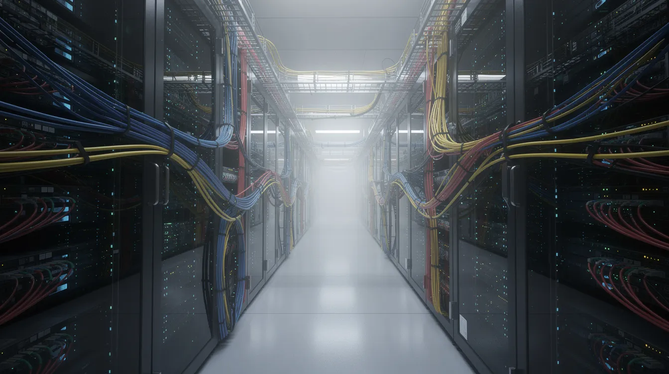 Das Bild zeigt eine moderne Serverfarm mit blinkenden Lichtern und zahlreichen Netzwerkkabeln, die ein dezentrales Computernetzwerk symbolisiert, das für die Funktionsweise von Kryptowährungen wie Bitcoin entscheidend ist. Diese Infrastruktur unterstützt die Validierung von Bitcoin-Transaktionen und das Bitcoin-Netzwerk, das auf Blockchain-Technologie basiert.