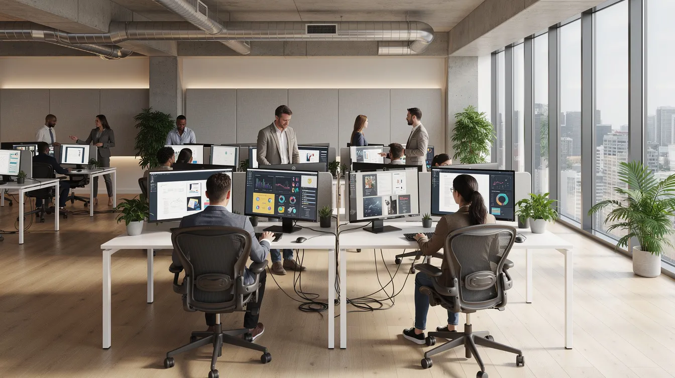 Das Bild zeigt ein modernes, offenes Büro mit mehreren Menschen, die an Schreibtischen sitzen und an großen Bildschirmen arbeiten. Die Atmosphäre ist geschäftig und kreativ, was auf die Dynamik von Unternehmen wie Tesla oder SpaceX hinweist.