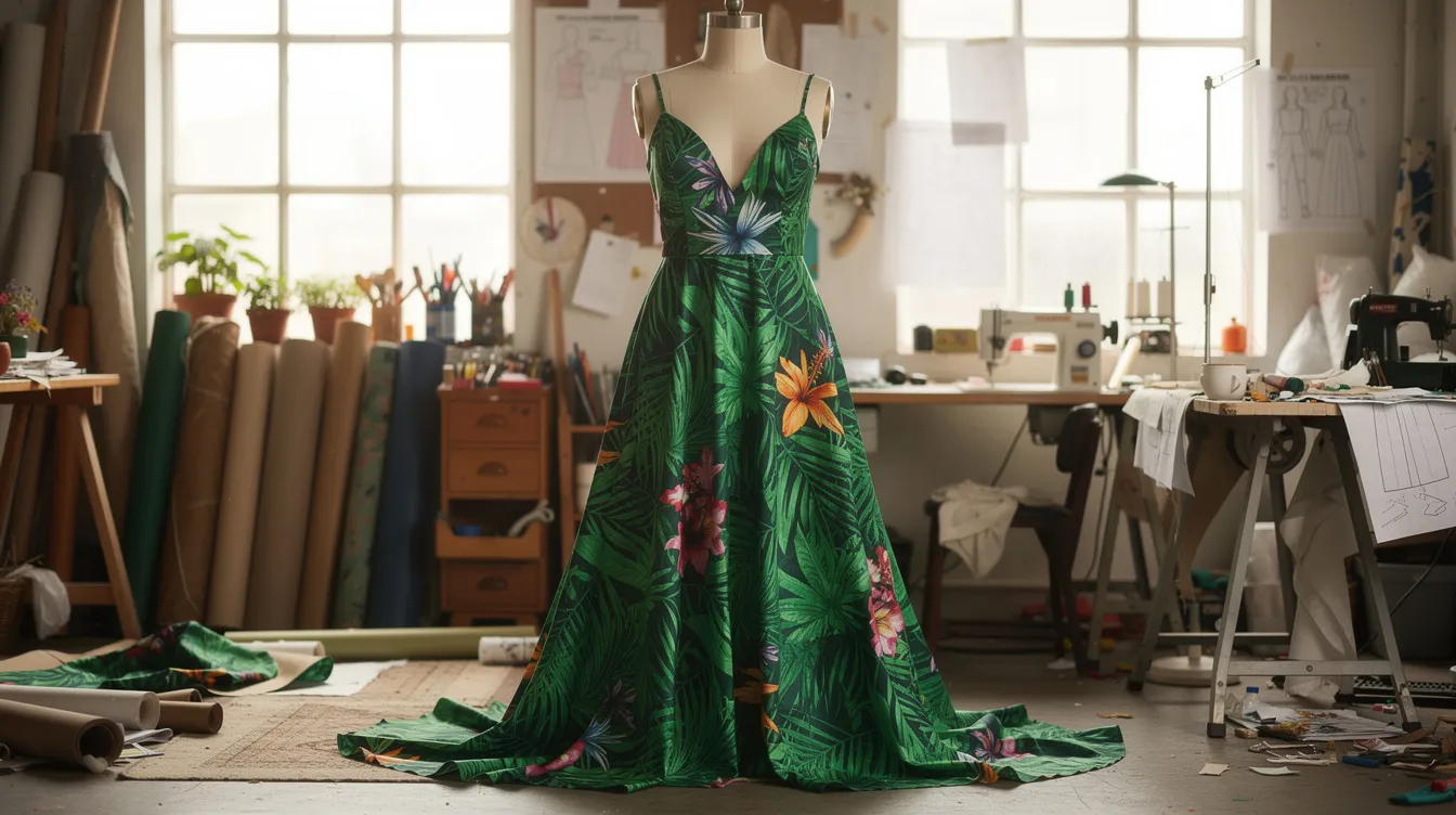 Ein fließendes grünes Kleid mit tropischem Print hängt an einer Schneiderpuppe in einem stilvollen Atelier. Das Design strahlt Eleganz und Extravaganz aus und ist Teil der aktuellen Kollektion des renommierten Hauses Versace.
