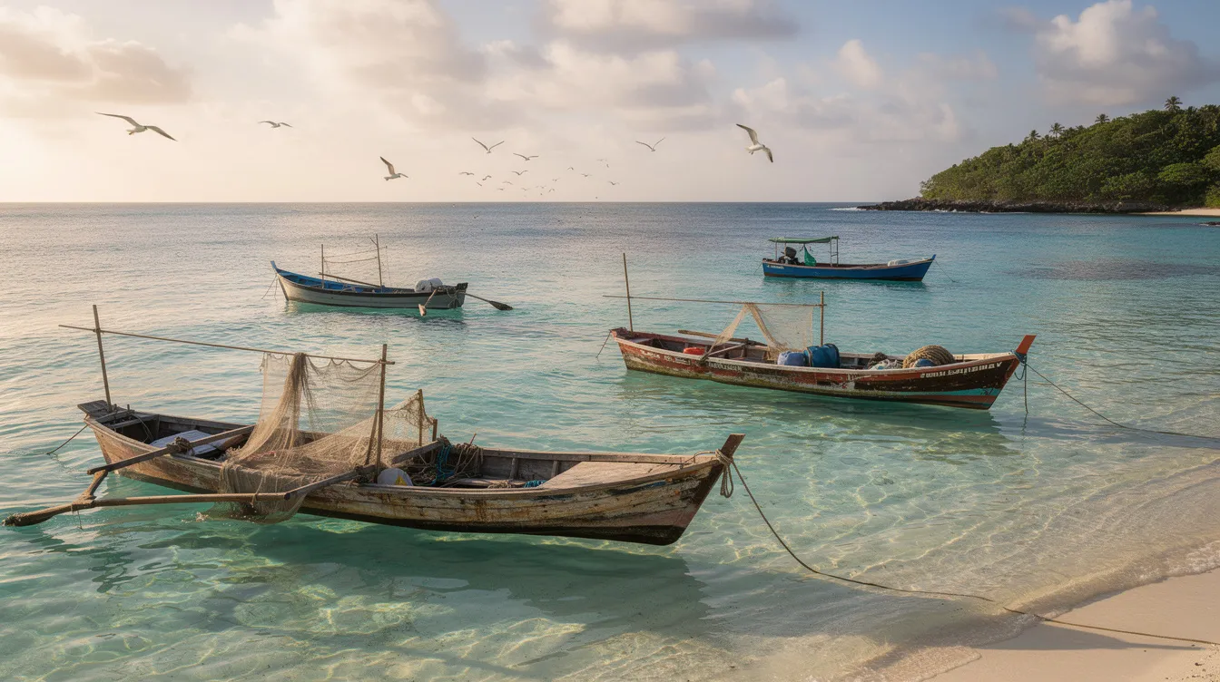 Das Bild zeigt einen klaren Ozean mit sanften Wellen, in dem mehrere Fischerboote schwimmen, die für den Meeresschutz und nachhaltige Praktiken stehen. Die Szenerie vermittelt ein Gefühl von Ruhe und Eleganz, während die Boote als Symbol für das Engagement für die Umwelt fungieren.