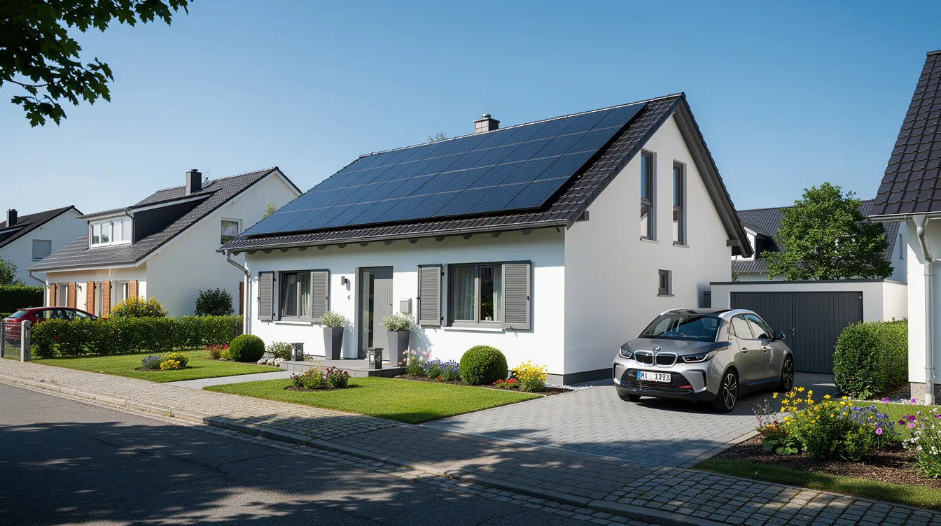 Ein Einfamilienhaus in einer deutschen Wohnsiedlung ist mit Solarpaneelen auf dem Dach ausgestattet und strahlt im Sonnenschein. Diese umweltfreundliche Technologie trägt zur Senkung der Energiekosten bei und unterstützt die Haushalte bei der Reduzierung ihres Energieverbrauchs.