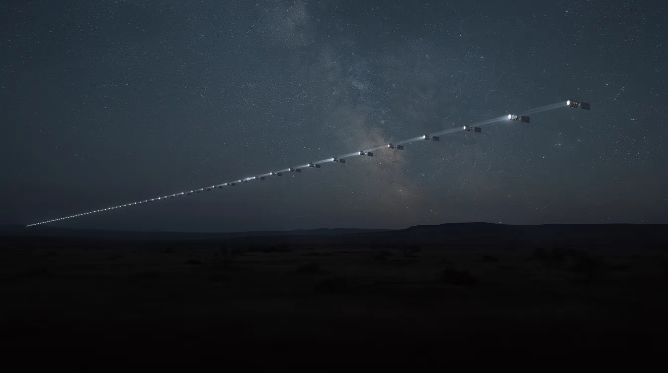 Am Nachthimmel sind zahlreiche kleine Satelliten in einer Reihe zu sehen, die über einer dunklen Landschaft schweben. Diese Satelliten könnten Teil von Elon Musks Unternehmen SpaceX sein, das sich mit der Entwicklung und dem Start von Satelliten beschäftigt.