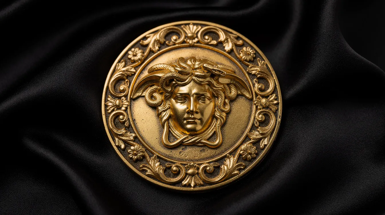 Die goldene Medusa-Medaille von Gianni Versace liegt elegant auf einem schwarzen Seidenstoff, der mit barocken Verzierungen geschmückt ist. Dieses luxuriöse Design verkörpert die Extravaganz und den Stil des House of Versace.