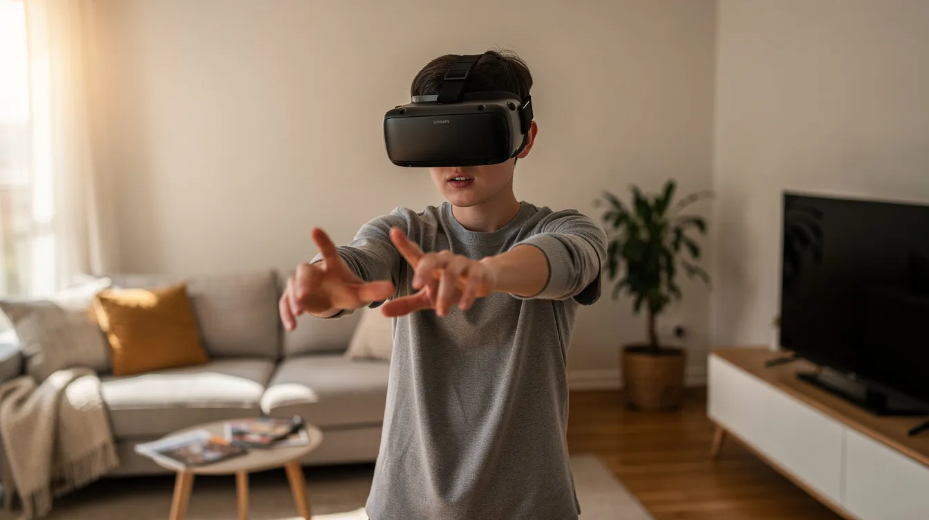 Eine Person mit einem VR-Headset steht in einem Wohnzimmer und streckt die Hände nach vorne aus, als ob sie in einer virtuellen Realität interagiert. Die Umgebung ist modern und gemütlich, was die immersive Erfahrung der virtual reality Technologie unterstreicht.