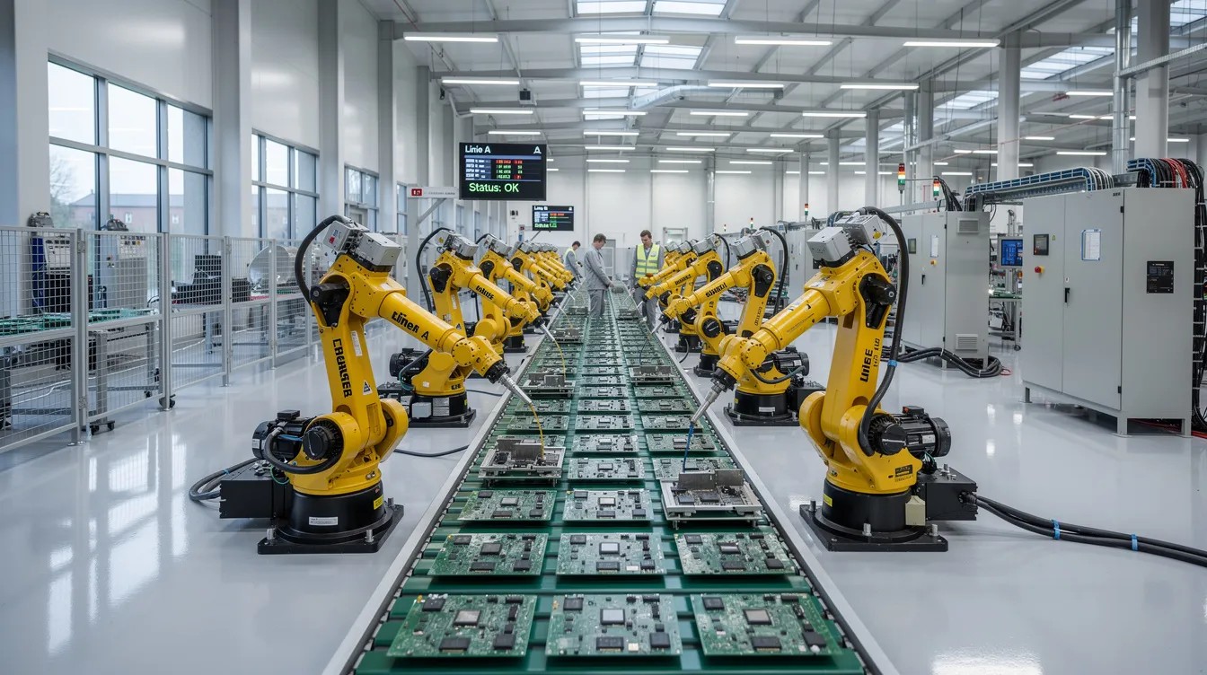 Die moderne Fabrikhalle zeigt eine Produktionslinie für Elektronikbauteile, in der mehrere Roboterarme effizient arbeiten. Diese Szene ist ein Beispiel für die fortschrittliche Industrieproduktion, die zur Entwicklung der chinesischen Wirtschaft beiträgt und das Wachstum in der globalen Weltwirtschaft unterstützt.