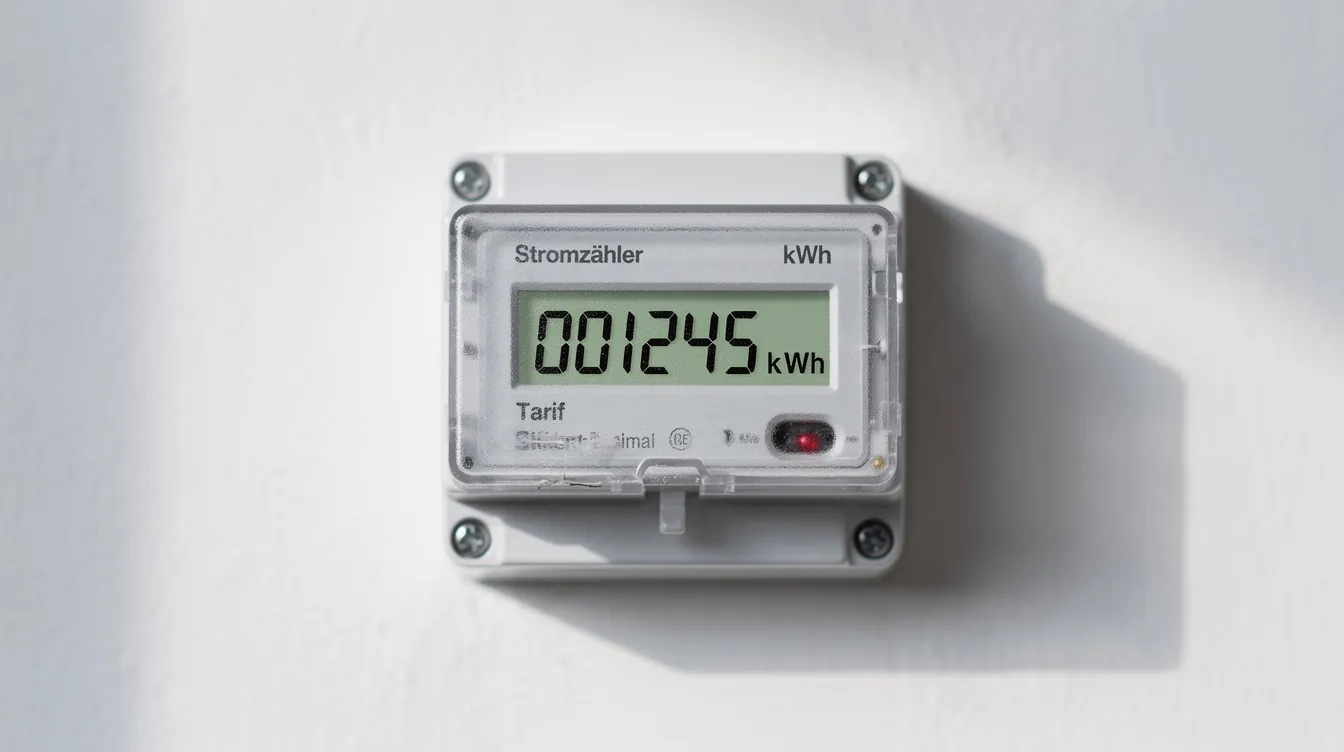Eine Nahaufnahme eines modernen Stromzählers mit digitaler Anzeige, der an einer Wand montiert ist. Der Zähler zeigt den aktuellen Energieverbrauch in Kilowattstunden an, was für Verbraucherinnen und Verbraucher wichtig ist, um ihre Stromkosten und die Entwicklung der Energiepreise im Blick zu behalten.