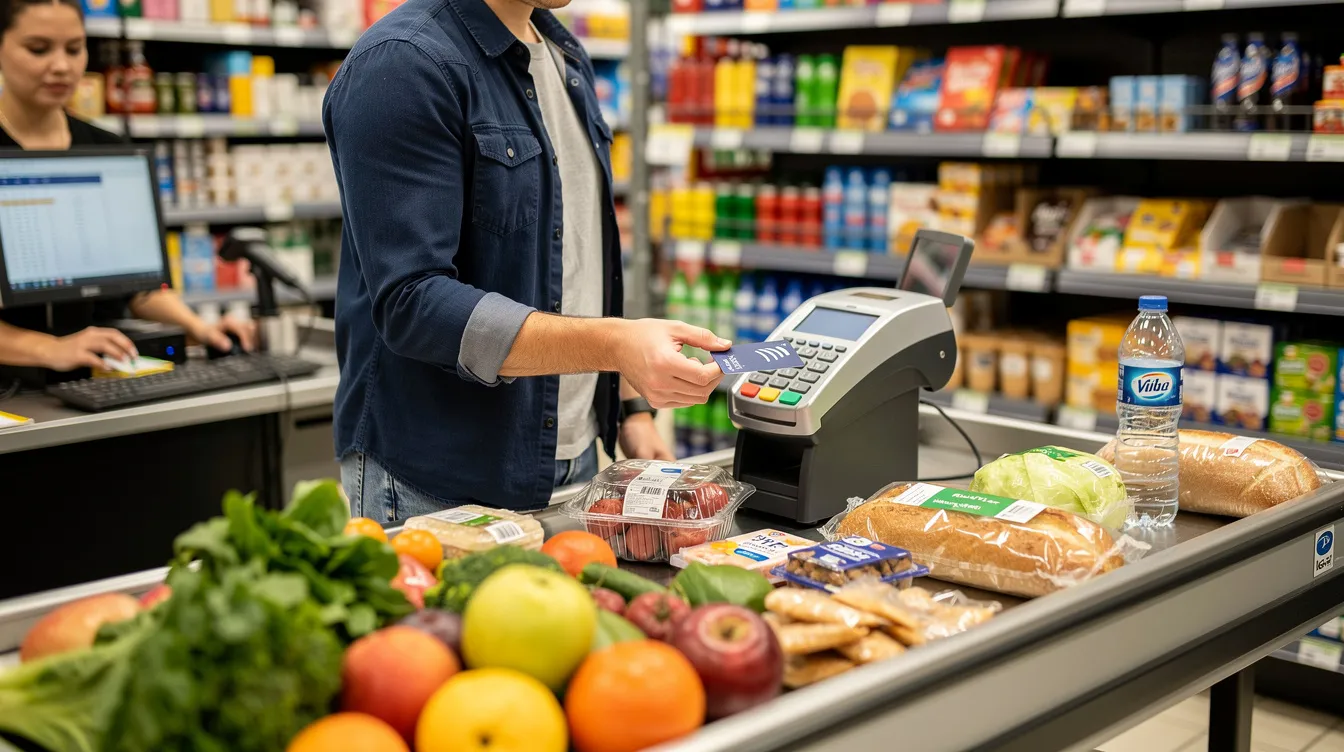 Eine Person steht an der Kasse eines Supermarktes und bezahlt ihre Lebensmittel mit Bargeld oder Karte. Der Einkauf kann als Beispiel für alltägliche Ausgaben betrachtet werden, die von den Menschen in Deutschland getätigt werden, während sie gleichzeitig auch an das Steuersystem und die damit verbundenen Abgaben denken.