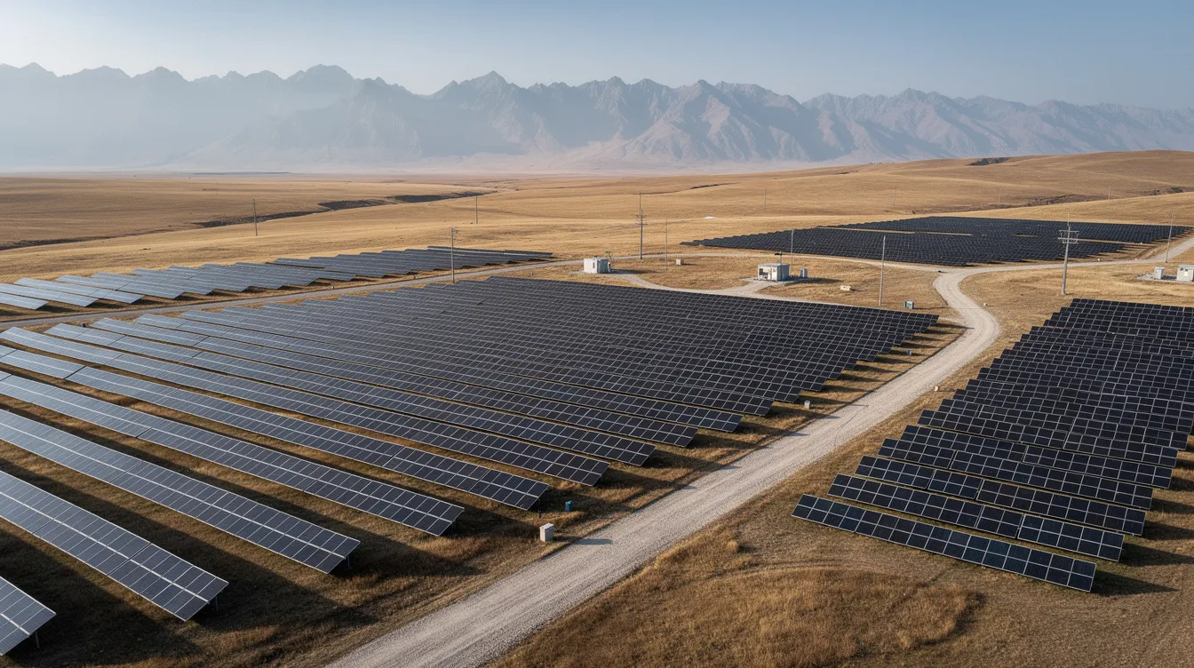 Die große Solarpark-Anlage in einer chinesischen Steppenlandschaft wird von majestätischen Bergen im Hintergrund umrahmt. Dieses Beispiel für erneuerbare Energie zeigt die Entwicklung der chinesischen Wirtschaft und deren Bemühungen um nachhaltiges Wachstum.