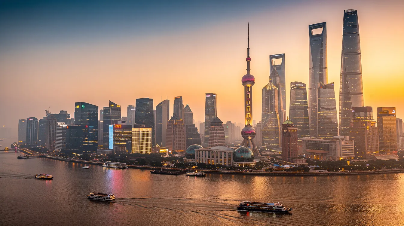 Der Panoramablick zeigt die beeindruckende Skyline von Shanghai bei Sonnenuntergang, mit modernen Wolkenkratzern, die sich entlang des Huangpu-Flusses erstrecken. Diese Szene symbolisiert das wirtschaftliche Wachstum und die Entwicklung der chinesischen Wirtschaft, die durch ihre dynamischen Unternehmen und den Außenhandel geprägt ist.