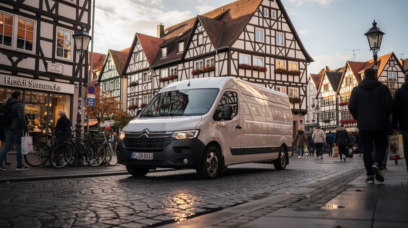 Ein weißer Lieferwagen fährt durch eine belebte Innenstadt in Deutschland, während im Hintergrund charmante Fachwerkhäuser zu sehen sind. Die Szene vermittelt ein Gefühl von urbaner Logistik und dem täglichen Paketversand, der für viele Unternehmen, wie Hermes Germany, von Bedeutung ist.