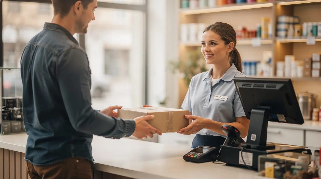 Eine Person steht an einem Ladentisch und übergibt ein Paket an eine Mitarbeiterin hinter der Theke, die für Hermes Germany GmbH arbeitet. Im Hintergrund sind Regale mit weiteren Paketen und Informationsmaterialien über die Dienstleistungen des Unternehmens zu sehen.