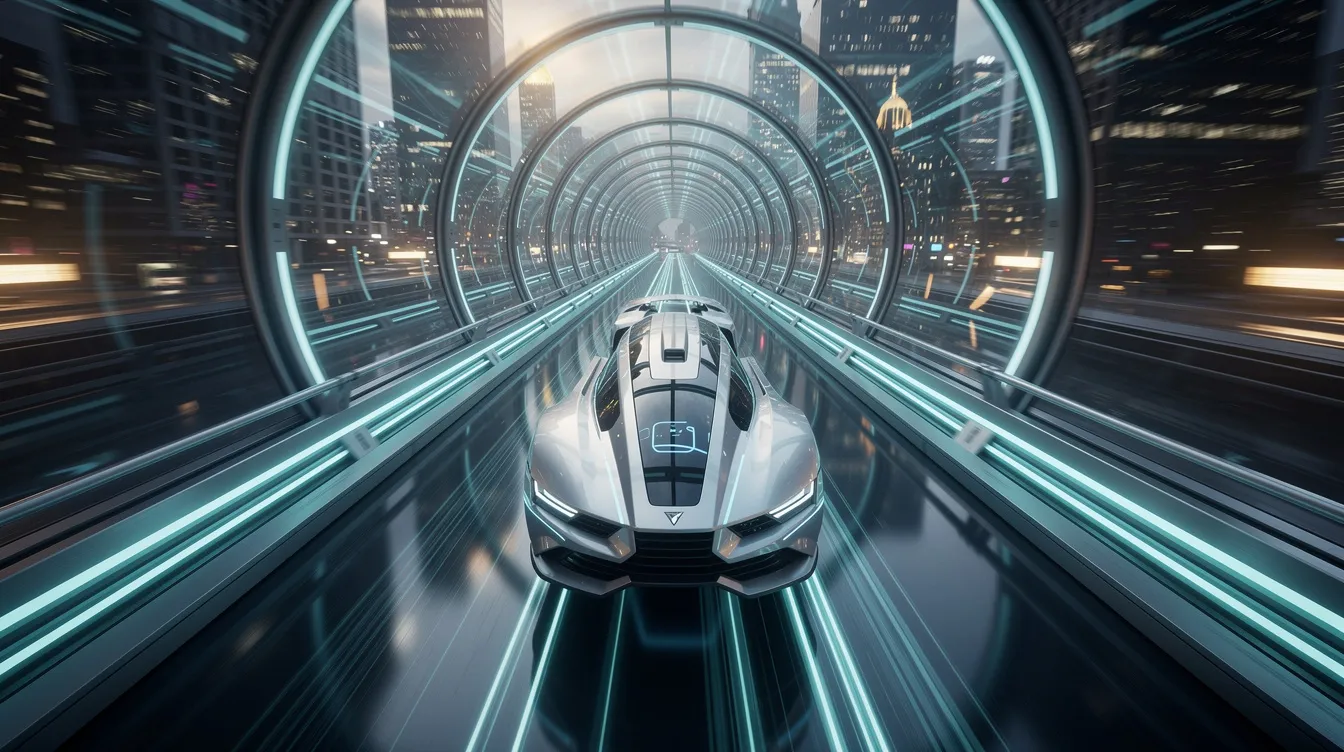 Die futuristische Transportkapsel, die sich in einer langen Röhre bewegt, wird von Geschwindigkeitslinien umgeben, was den Eindruck von hoher Geschwindigkeit vermittelt. Dieses Bild könnte mit den innovativen Transportprojekten von Elon Musks Unternehmen, wie The Boring Company, assoziiert werden.