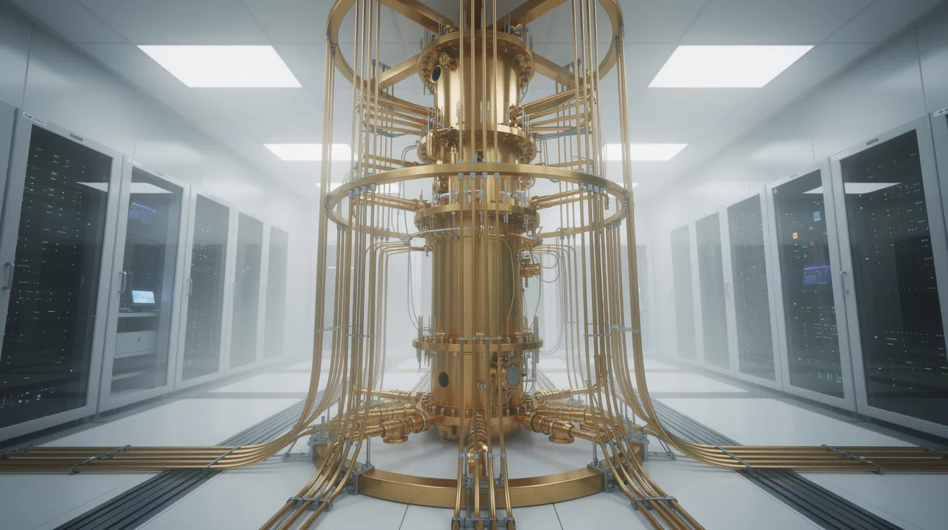 Das Bild zeigt einen modernen Quantencomputer, der mit goldenen Kühlleitungen und einem zylindrischen Kryostat ausgestattet ist, und sich in einem klimatisierten Rechenzentrum befindet. Diese Quantenhardware repräsentiert die neuesten Entwicklungen im Quantencomputing und bietet Potenzial für zukünftige Anwendungen in der Quanteninformatik.