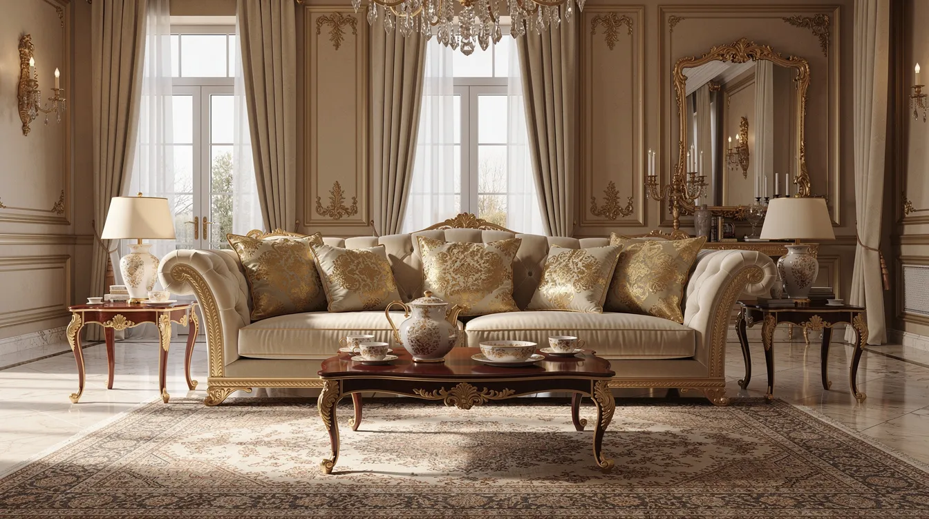 Das Bild zeigt ein luxuriöses Wohnzimmer, das mit eleganten Wohnaccessoires und Kissen mit goldenen barocken Mustern dekoriert ist. Porzellanartikel ergänzen die extravagante Einrichtung, die an den Stil des House of Versace erinnert.