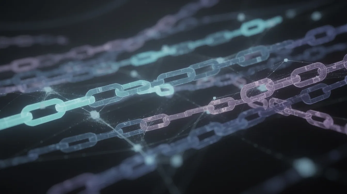Die abstrakte Visualisierung zeigt parallele, miteinander verbundene Ketten aus Licht, die in verschiedene Richtungen verlaufen und an die Struktur des Polkadot-Netzwerks erinnern, das verschiedene Blockchains und Parachains miteinander verbindet. Diese künstlerische Darstellung vermittelt ein Gefühl von Dynamik und Vernetzung, ähnlich der Funktionsweise von Kryptowährungen und dem Polkadot-Protokoll.