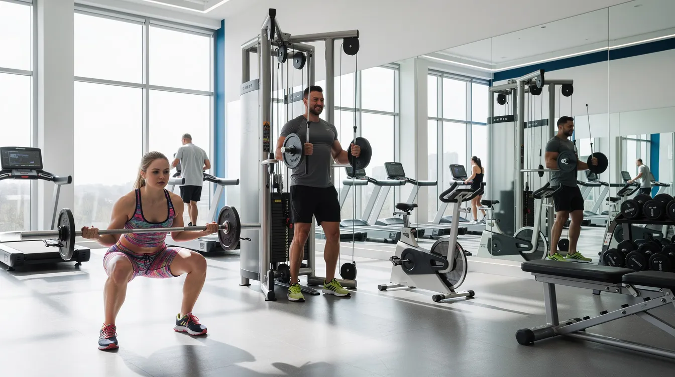 Das Bild zeigt eine helle, moderne Fitnessstudio-Halle, in der verschiedene Menschen an Fitnessgeräten und mit Hanteln trainieren. Die Atmosphäre ist aktiv und motivierend, ideal für Kraft- und Ausdauertraining sowie verschiedene Fitnesskurse.