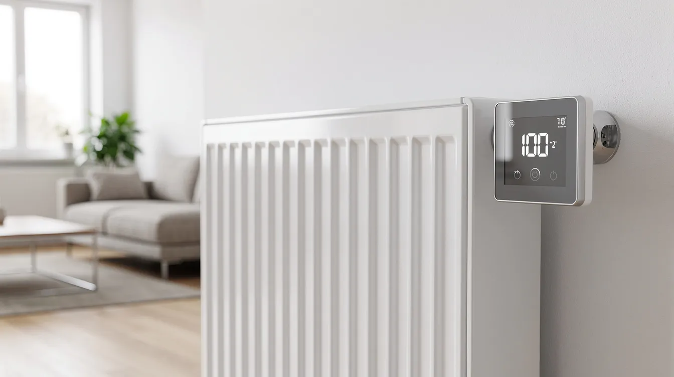 Ein modernes digitales Thermostat ist an einem weißen Heizkörper in einem hellen Wohnzimmer installiert. Es zeigt Informationen über den Energieverbrauch und die Heizkosten an, was den Verbraucherinnen und Verbrauchern hilft, die Energiekosten zu senken und den Überblick über die Energiepreise zu behalten.