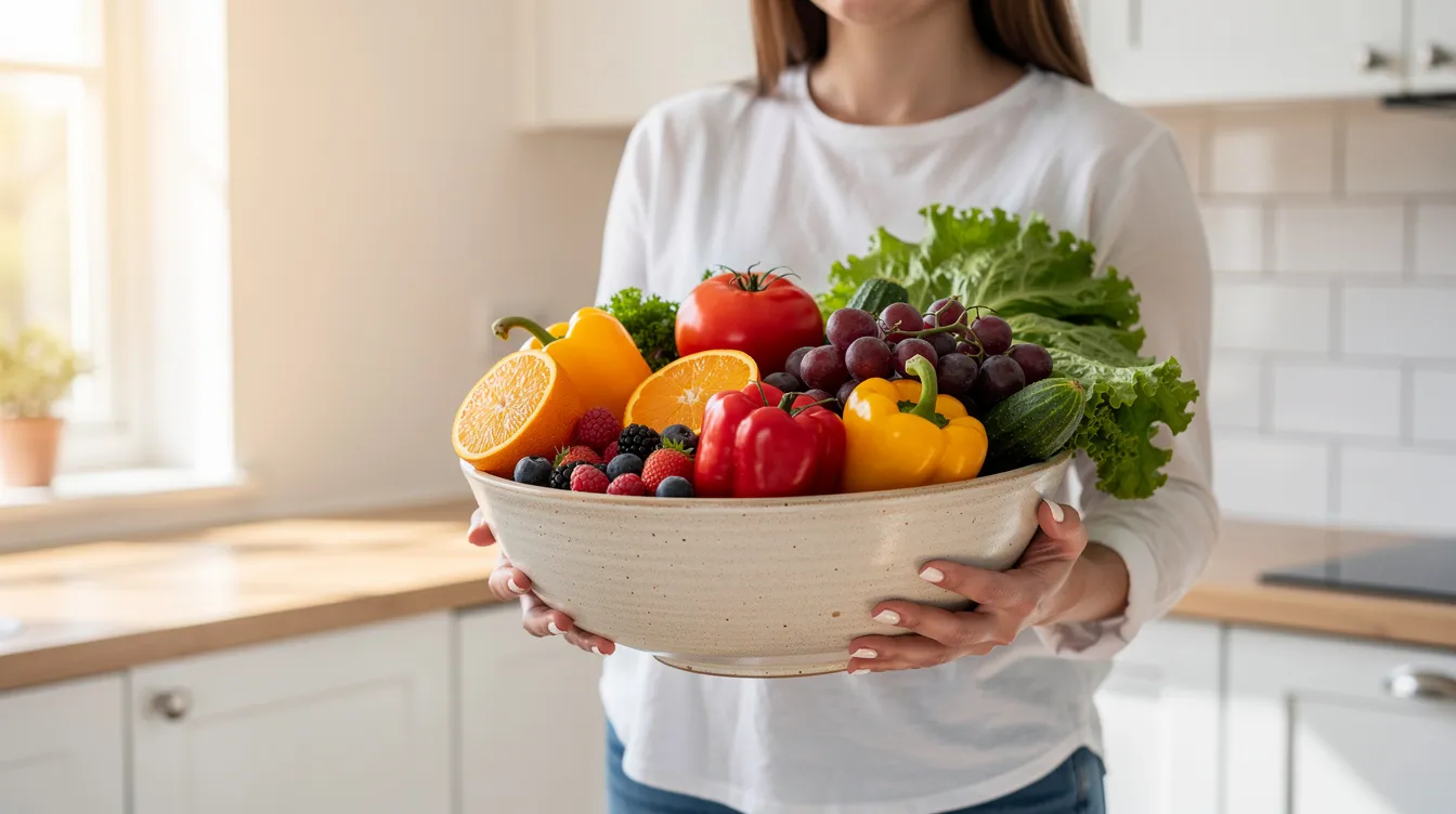 Eine Person hält eine Schüssel mit buntem Gemüse und Obst in einer hellen Küche, umgeben von einer freundlichen Atmosphäre. Diese gesunde Ernährung kann eine wichtige Rolle beim Weg zum Rauchstopp und zur Verbesserung der allgemeinen Gesundheit spielen.