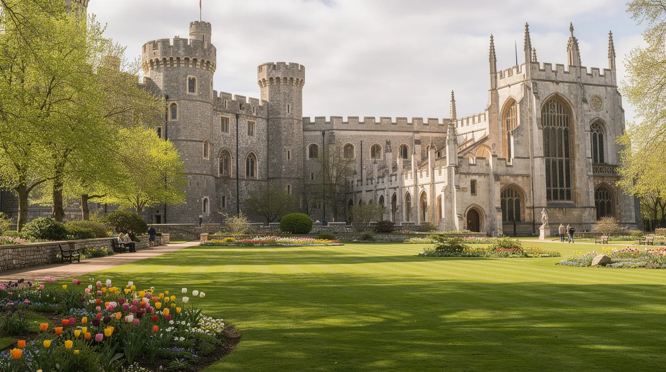 Das Bild zeigt das prächtige Schloss Windsor mit der historischen Kapelle und üppigen grünen Gartenanlagen, die im Frühling blühen. Die Szene strahlt eine ruhige Eleganz aus, die typisch für die britische Monarchie ist, und erinnert an die Herzogin von Sussex, Meghan Markle, die oft mit dem Königshaus in Verbindung gebracht wird.