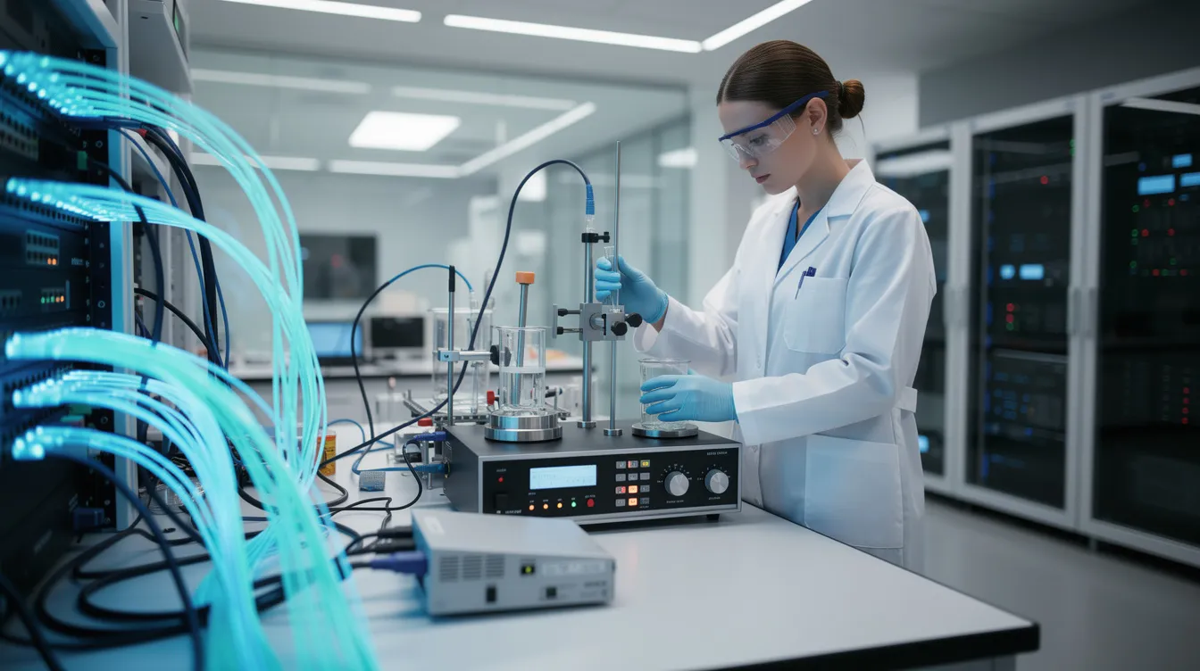 Eine Wissenschaftlerin arbeitet konzentriert in einem modernen Labor, umgeben von leuchtenden Glasfasern und hochentwickelten technischen Instrumenten, die für die Forschung im Bereich Quantencomputing und Quantenmechanik eingesetzt werden. Die Atmosphäre ist geprägt von einem Gefühl der Innovation und dem Streben nach neuen Durchbrüchen in der Quanteninformatik.