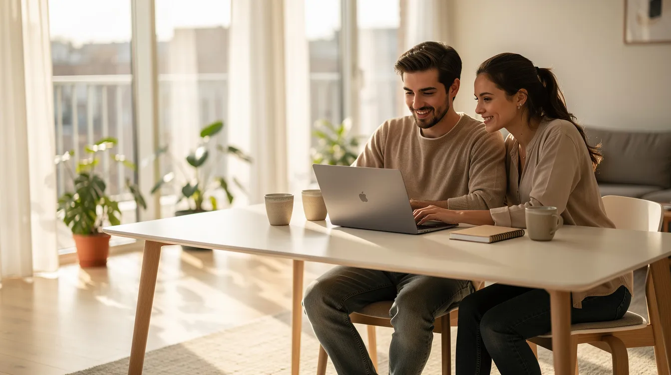 Ein junges Paar sitzt in einer modernen Wohnung, umgeben von Laptops und Kaffeetassen, während Sonnenlicht durch große Fenster strömt. Diese Szene symbolisiert die Harmonie und das Glück in ihrer Beziehung, während sie gemeinsam an ihren Projekten arbeiten.