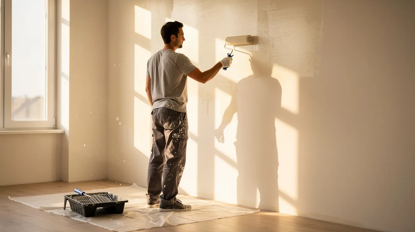 Eine Person streicht eine helle Wand mit einer Farbrolle in einem sonnendurchfluteten Raum, während sie sich auf ihr Heimwerkerprojekt konzentriert. Der Raum wirkt freundlich und einladend, ideal für kreative DIY-Ideen.