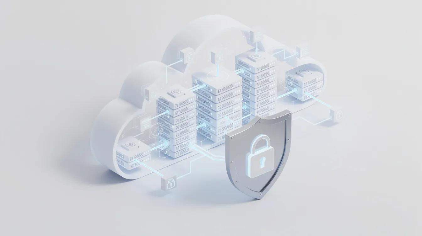 Die bildliche Darstellung zeigt eine wolkenförmige Serverarchitektur, die durch ein Sicherheitsschild-Symbol ergänzt wird, um die Bedeutung von Cybersicherheit in der Cloud-Infrastruktur zu verdeutlichen. Diese Grafik symbolisiert den Schutz von Daten und Informationen vor Cyberbedrohungen und Angriffen im Internet.