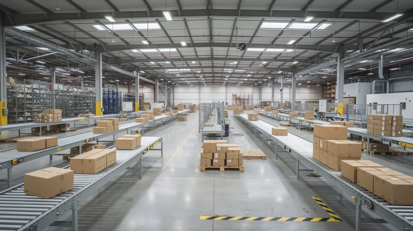 In einer großen Lagerhalle von Hermes Germany GmbH sind zahlreiche Pakete auf Rollbändern sortiert und Förderbänder transportieren die Sendungen. Die Mitarbeiter arbeiten effizient, um die Logistiklösungen für die Paketzustellung zu optimieren.