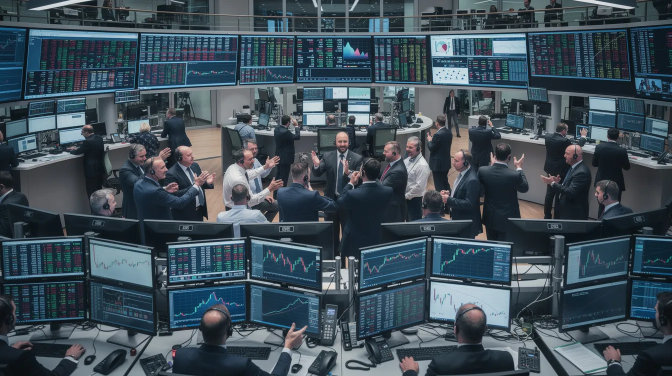Der Blick auf den Handelssaal einer Börse zeigt zahlreiche Bildschirme, auf denen Aktienkurse und Handelsinformationen angezeigt werden, während Händler aktiv im Austausch sind. Diese Szene spiegelt den dynamischen Prozess des Handels und die Bedeutung von Börsennotierungen und IPOs im Kapitalmarkt wider.