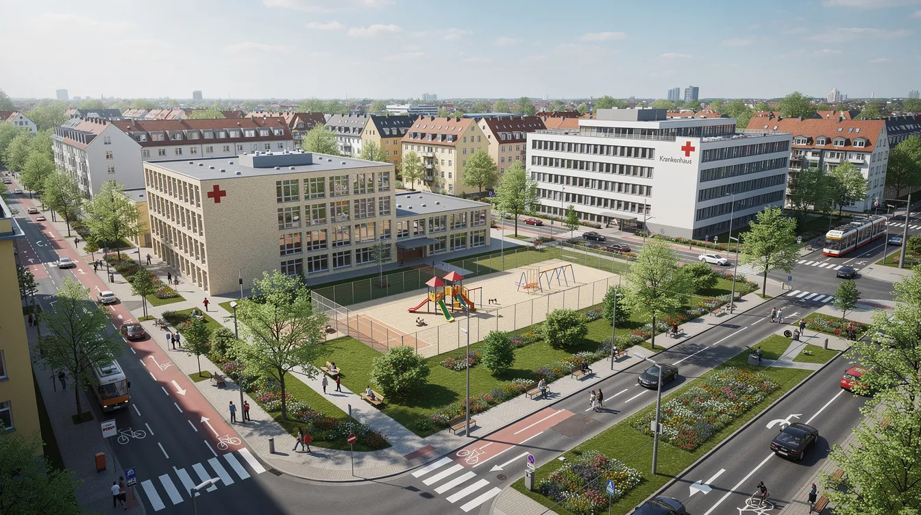 Die Stadtlandschaft zeigt eine typische deutsche Umgebung mit modernen Schulgebäuden, gut ausgebauten Straßen, einem Krankenhaus und grünen Parks, in denen Menschen sich aufhalten und entspannen. Diese Elemente sind Teil des städtischen Lebens und spiegeln die Infrastruktur wider, die durch Steuereinnahmen des Staates finanziert wird.