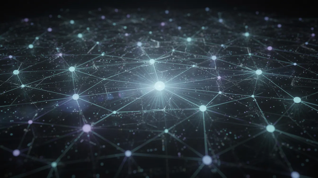 Die abstrakte Darstellung zeigt ein Netzwerk aus leuchtenden Knotenpunkten, die durch Linien verbunden sind, vor einem dunklen Hintergrund. Diese visuelle Metapher könnte das Polkadot-Protokoll und seine Funktion als Relay Chain verdeutlichen, die verschiedene Blockchains miteinander verknüpft.