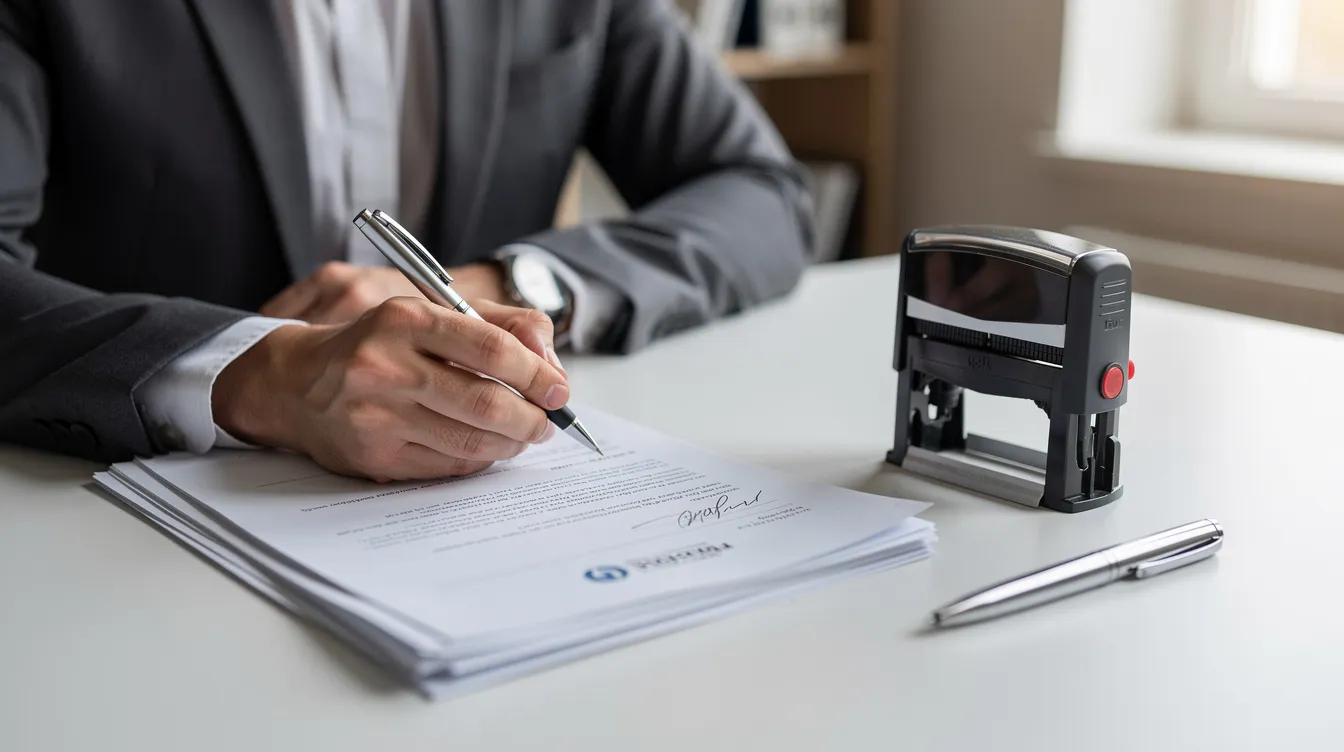 Das Bild zeigt eine Person, die an einem Schreibtisch Dokumente unterschreibt, während ein Stempel und ein Kugelschreiber daneben liegen. Diese Handlung könnte im Rahmen einer Immobilienfinanzierung oder beim Aufnehmen einer Hypothek stattfinden, um die Sicherheit und rechtlichen Grundlagen für den Immobilienkauf zu gewährleisten.