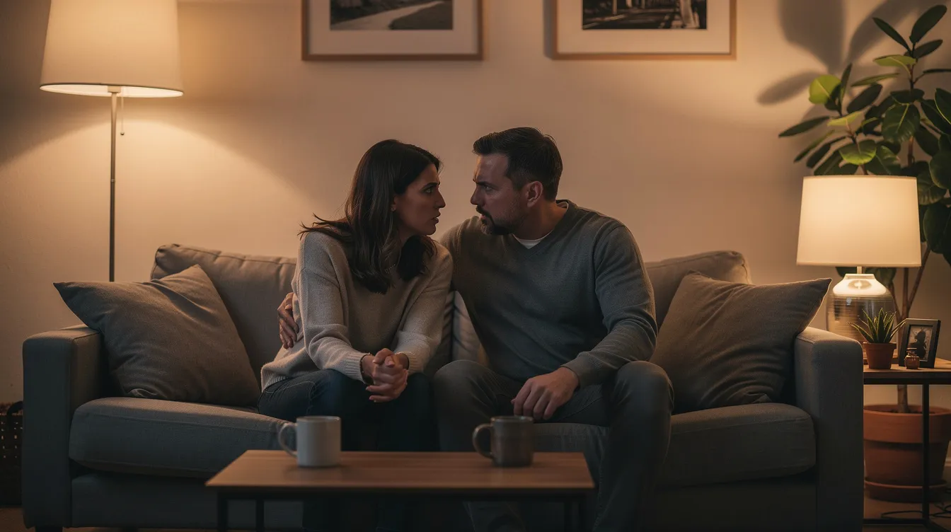 Zwei Personen sitzen auf einem Sofa in einem warm beleuchteten Wohnzimmer und führen ein ernstes Gespräch. Die Atmosphäre vermittelt eine tiefe Bindung und zeigt, wie wichtig Kommunikation in einer Partnerschaft ist.