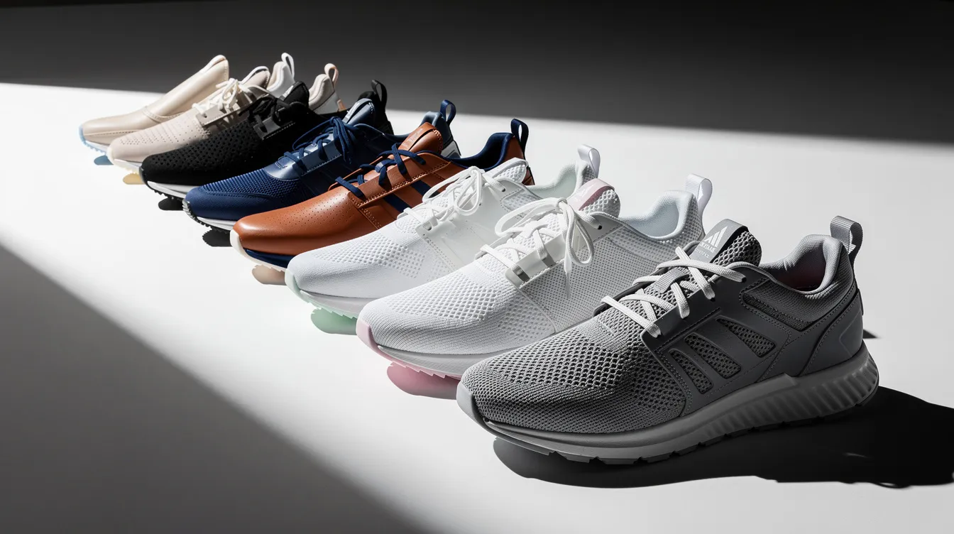 Auf der weißen Fläche sind verschiedene moderne Sneaker in einer Reihe angeordnet, während dramatisches Seitenlicht die Formen und Farben der Schuhe betont. Diese stilvolle Anordnung könnte die Aufmerksamkeit von Musikliebhabern und Modeinteressierten auf sich ziehen, ähnlich wie bei Konzerten, die im Westen stattfinden.