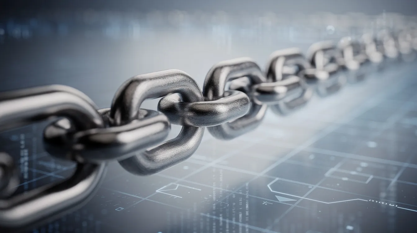 Das Bild zeigt metallische Kettenglieder, die ineinandergreifen und eine lange Kette bilden, was symbolisch für die Blockchain-Technologie steht, die das Fundament für Kryptowährungen wie Bitcoin bildet. Diese Kette repräsentiert die verketteten Datenblöcke, die Transaktionen im Bitcoin-Netzwerk sichern und validieren.