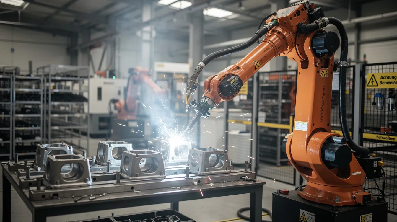 Ein orangefarbener Industrieroboterarm schweißt präzise Metallteile in einer modernen Produktionshalle. Diese Robotertechnik zeigt die fortschrittlichen Anwendungen der Robotik in der Industrie, wo Automatisierung und Effizienz eine zentrale Rolle spielen.